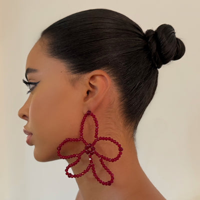 The Maroon Beaded Floral Earrings - BERNA PECI JEWELRY