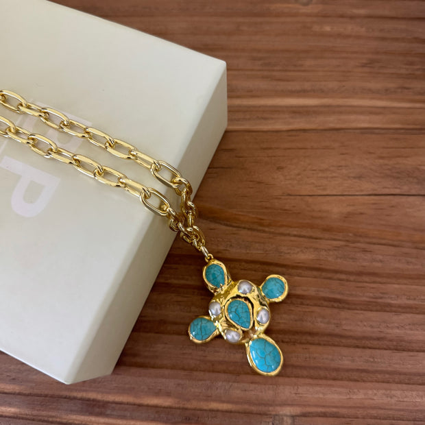 The Turquoise Melting Gold Cross Necklace