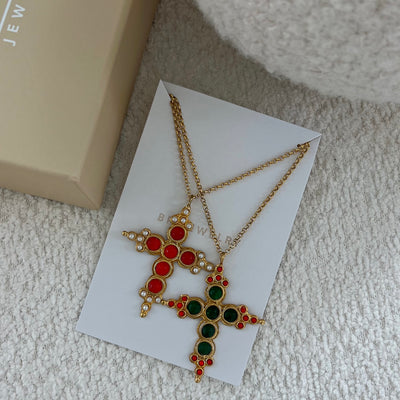The Left Vintage Orange Pearl Cross Necklace - BERNA PECI JEWELRY