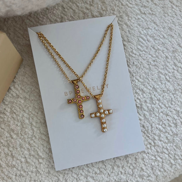 The Left Vintage Mini Pink Pearl Cross Necklace - BERNA PECI JEWELRY