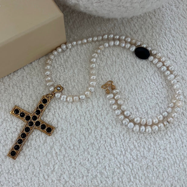 The Long Black Authentic Pearl Cross Necklace - BERNA PECI JEWELRY