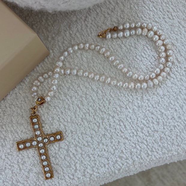 The Long Authentic Pearl Cross Necklace - BERNA PECI JEWELRY