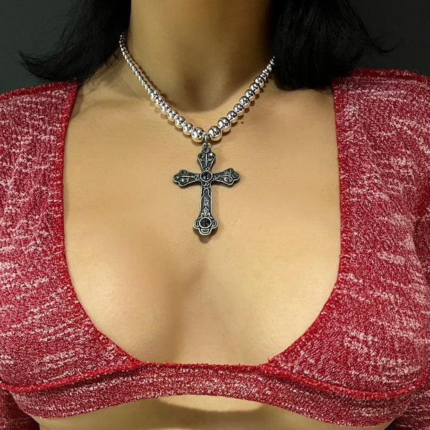 The Chrome Beaded Cross Necklace - BERNA PECI JEWELRY
