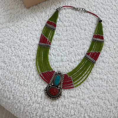 Green and Red Beaded Necklace - BERNA PECI JEWELRY