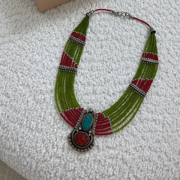 Green and Red Beaded Necklace - BERNA PECI JEWELRY